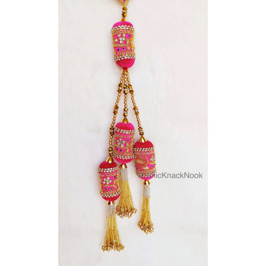 Velvet Fabric Bolster Tassels In Antique Gold Zardozi Embroidery, Rhinestones & Pearls, Indian Embellishment